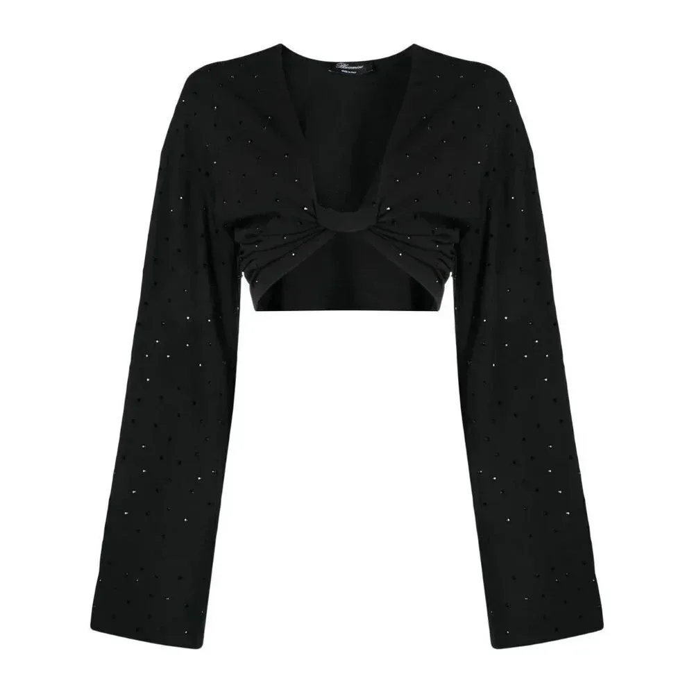 Blumarine Hot Fix Crystal Long Sleeve Crop Top in Nero Black 38 2 Womens Cropped